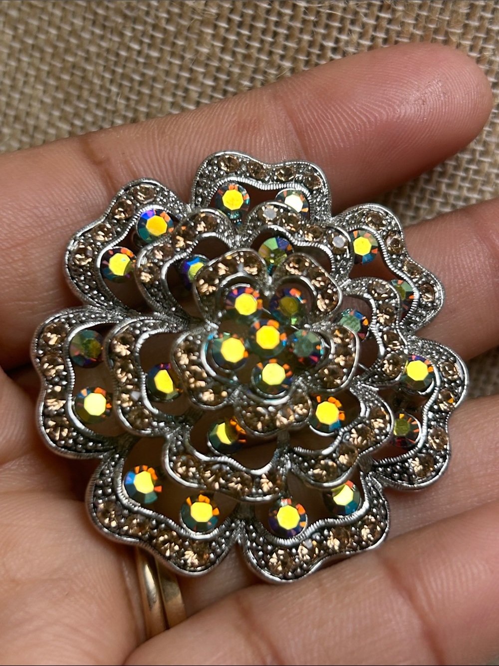 Multilayer Crystal Flower Brooch - Iridescent Gold Accent